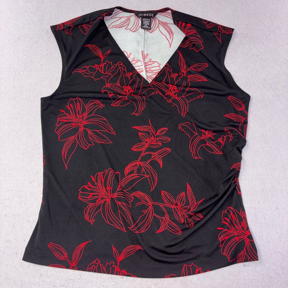 285 George Surplice Top Womens Large 12/14 Black Red Floral Sleeveless Blouse